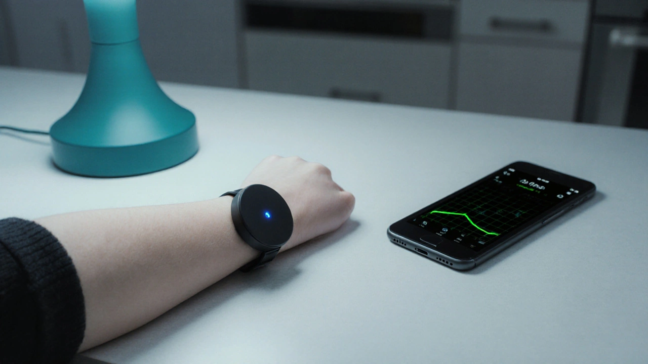 Bluetooth senzor pod paží přenáší data do telefonu na kuchyňském pultu.