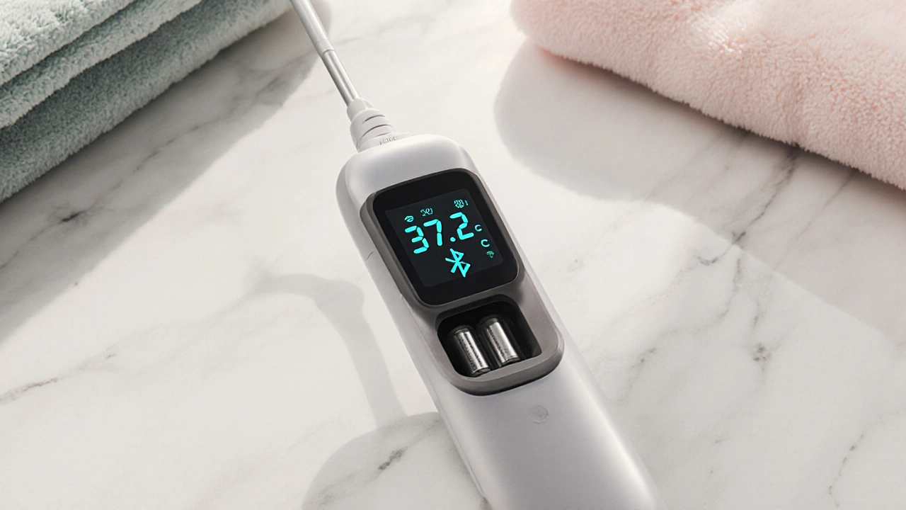 Detailní záběr na moderní digitální teploměr s LCD ukazatelem, Bluetooth symbolem a vyměnitelným hrotem.