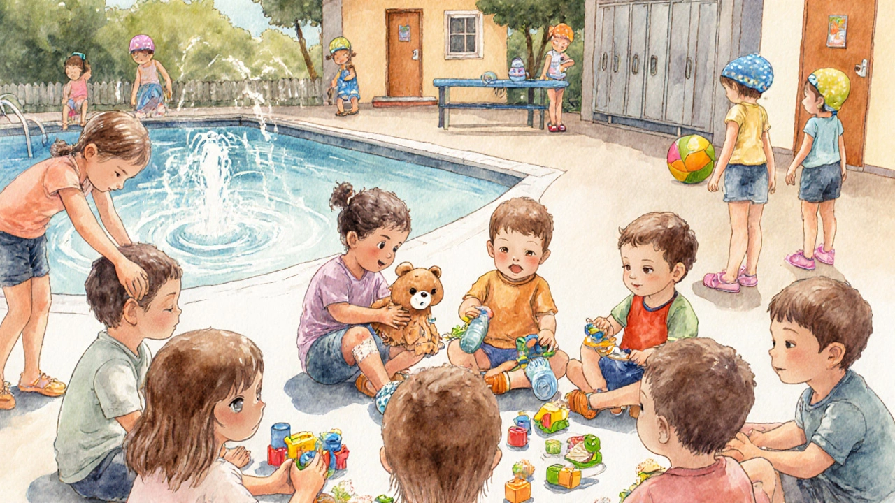 Děti v mateřské škole si sdílejí hračky, vodu a sportovní vybavení, ukazují riziková místa.