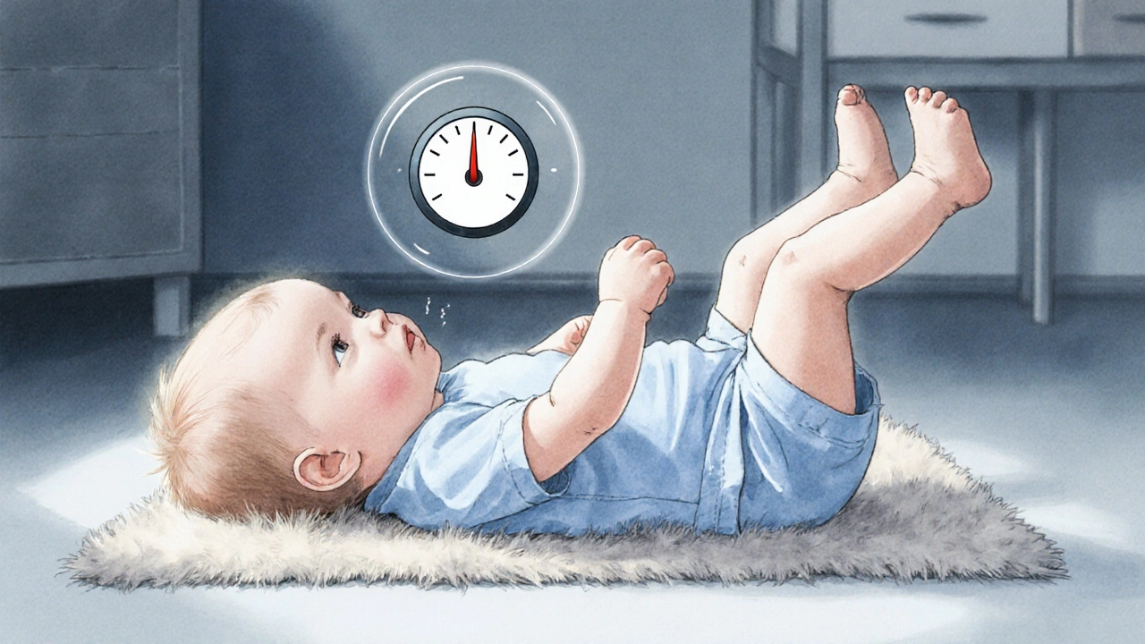 Dítě během febrilní křeče, tělo se chvěje a je nad 38,5 °C.