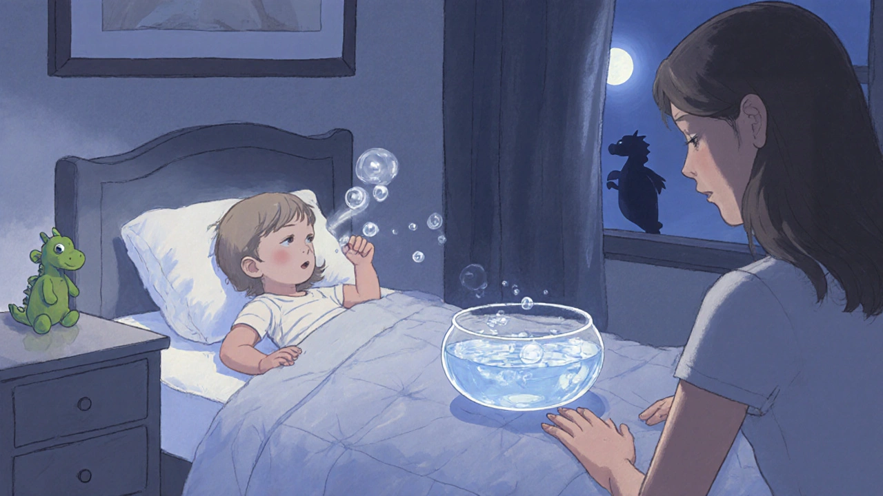 Dítě fouká do mísy s vodou před spaním, rodič ho podporuje pod měsíčním světlem.