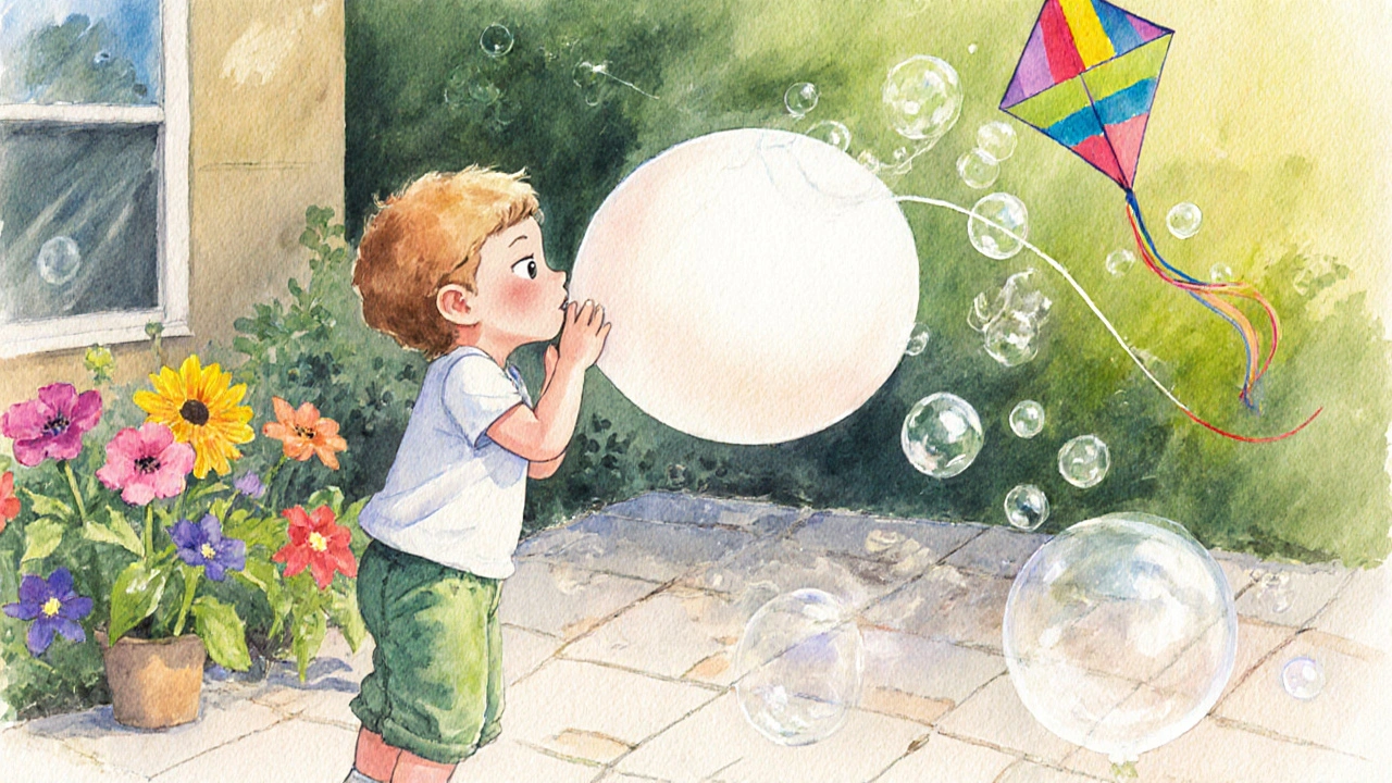 Dítě fouká do pěnového balónu, z něj vyletují bubliny v zahradě.