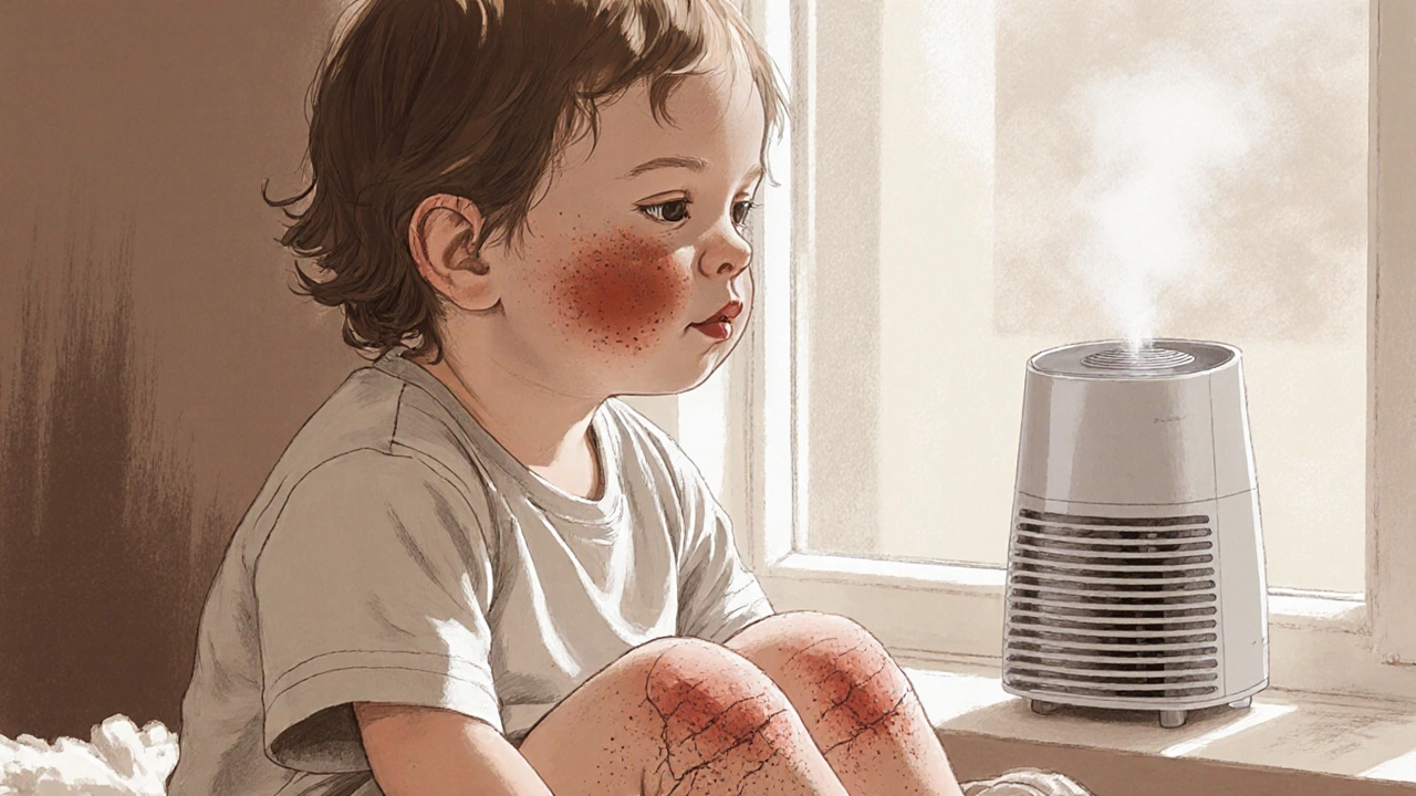 Dítě s suchou, šupinatou vyrážkou na tváři a kolenou, sedí u okna.