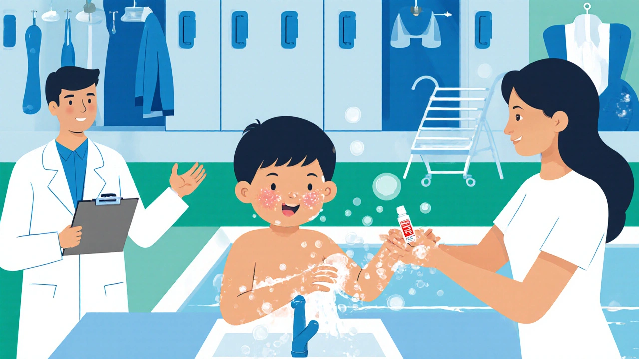 Dítě si myje ruce, aplikuje mast, lékař a čistá šatna, vizualizuje prevenci impetiga.