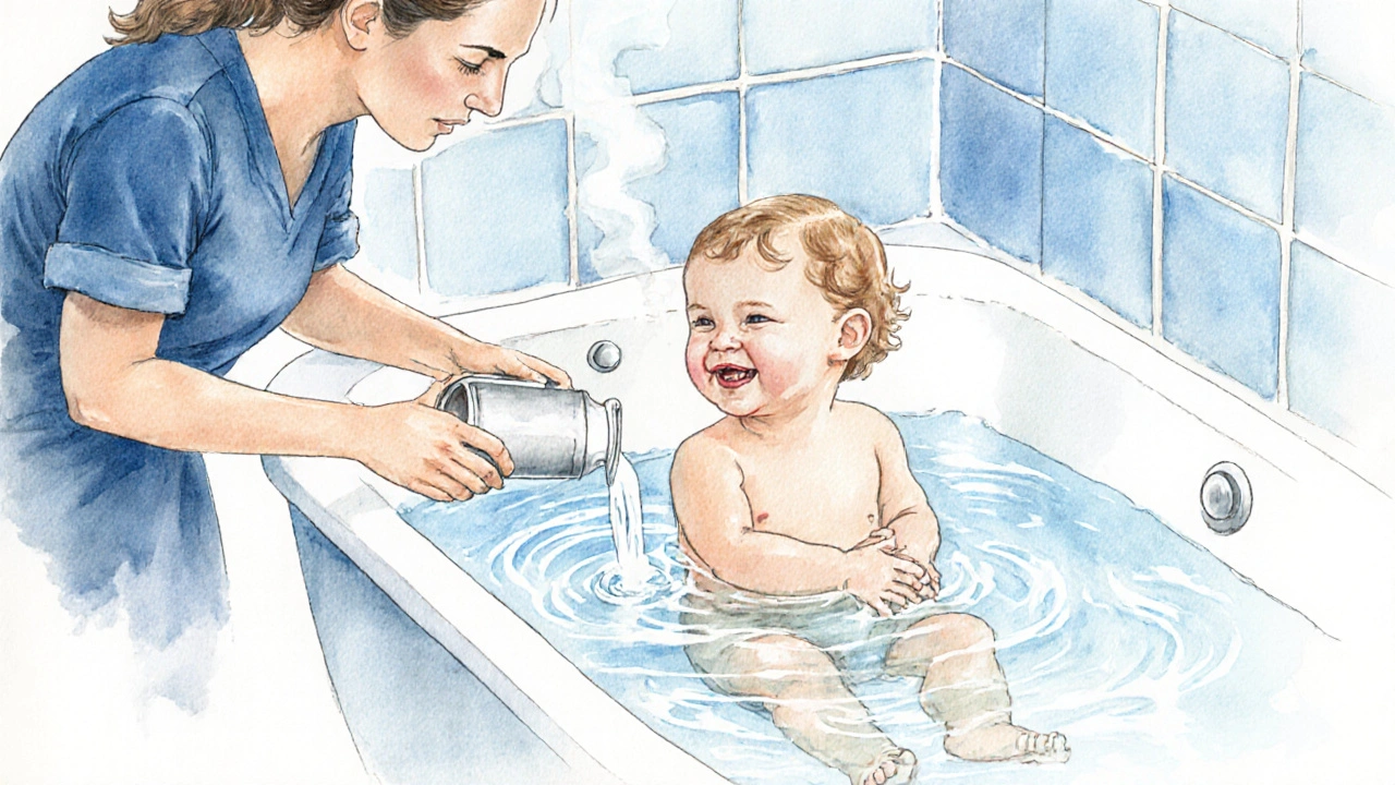 Dítě v koupeli s vlažnou vodou, matka jemně pomáhá a hýbe končetinami.