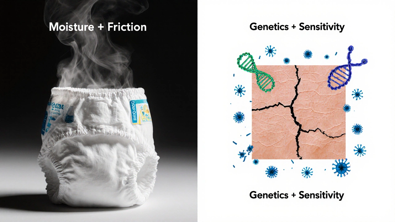 Dvě části: vlhkost v plence a genetická citlivost kůže jako symbolické obrazy.