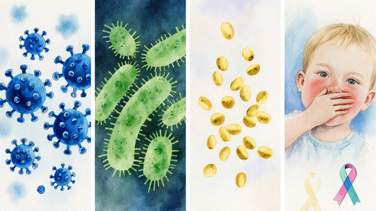 Ilustrace čtyř příčin kašle: virus, bakterie, pyl a bronchiolitida u malého dítěte.