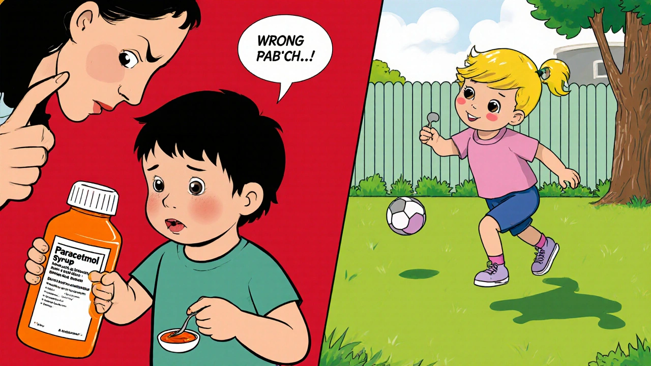 Ilustrace: nesprávné podání paracetamolu vs. dítě lehce hrající po očkování.