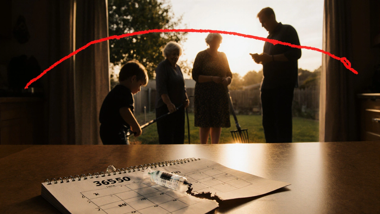 Kalendář s uplynulými 10 lety a injekční stříkačka na kuchyňském stole.