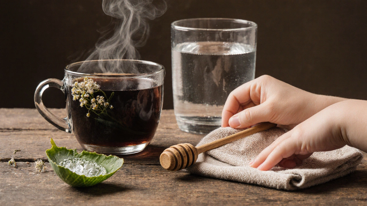 Kolekce přírodních prostředků: čaj z černého bezu, aloe vera gel, obklad z jablečného octa.