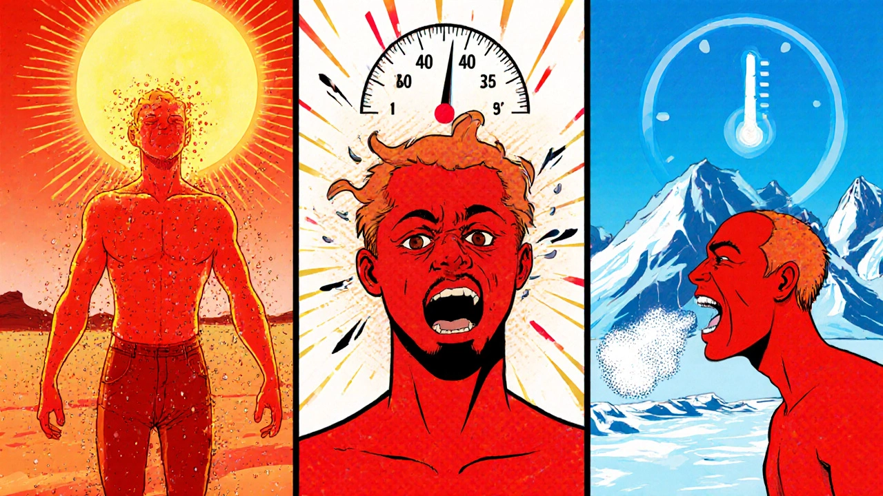 Komiksové panely: přehřátí pod sluncem a podchlazení na zasněžené hoře.