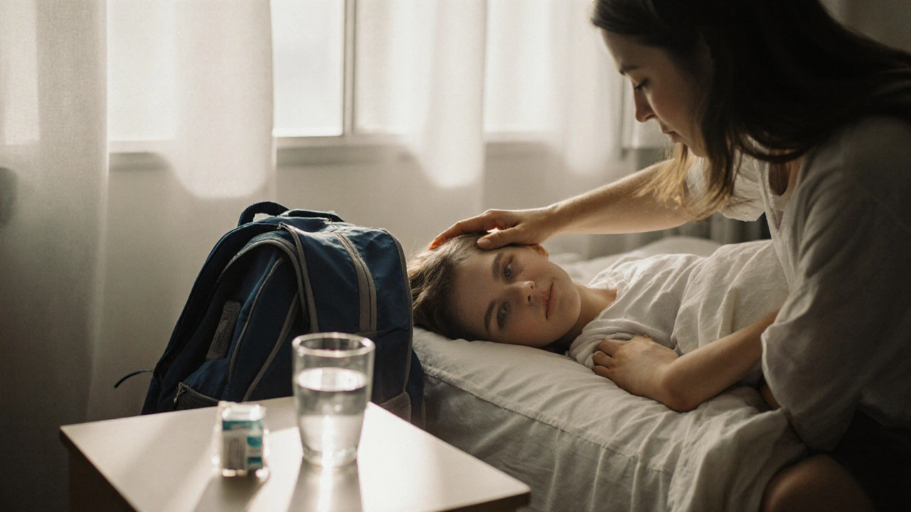 Matka měří horečku svému dítěti po 10 dnech léčby streptokokové angíny.