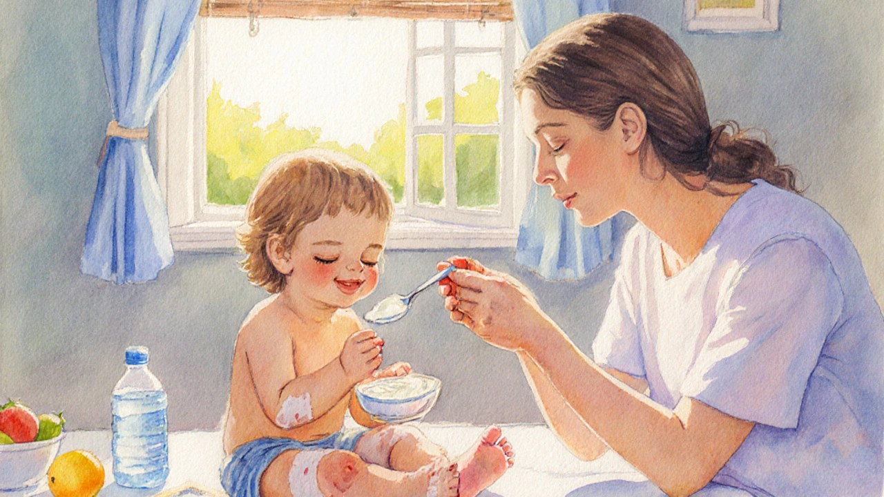 Matka podává chladný jogurt nemocnému dítěti při uzdravování.