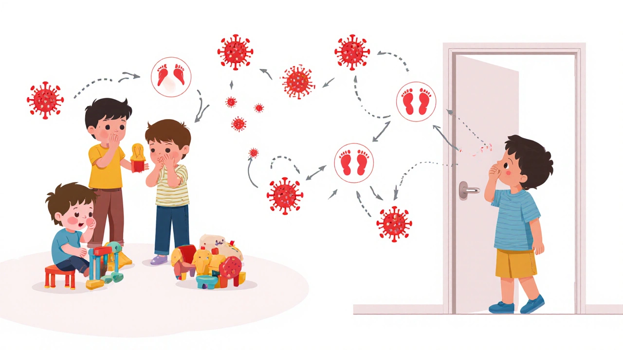 Přenos viru ruka-noha-ústa mezi dětmi ve hřišti prostřednictvím hraček a dotyků.