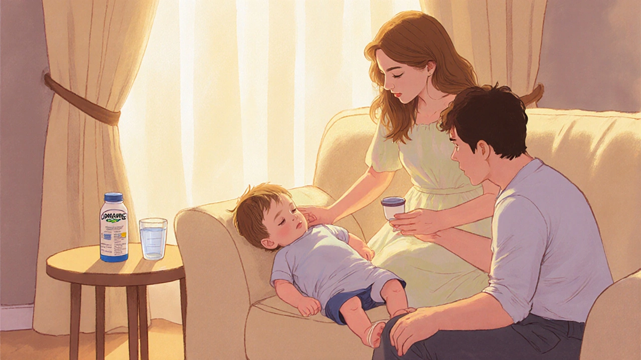 Rodič pomáhá dítěti po křeči, dítě leží na boku a pije vodu.