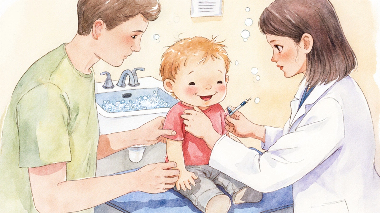 Sestra podává dítěti vakcínu MMR, rodič ho drží, v pozadí umývání rukou.