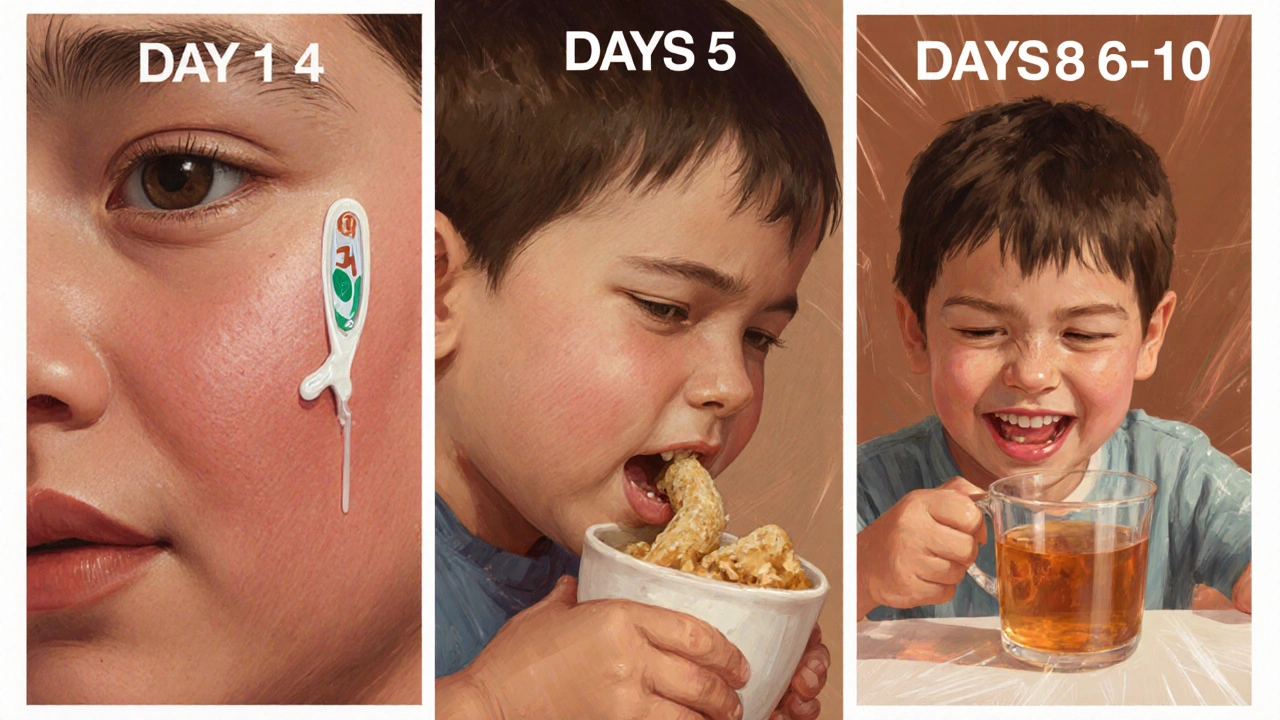 Tři obrazy zachycují vývoj příušnic: horečka, otok žlázy a následné zlepšení.