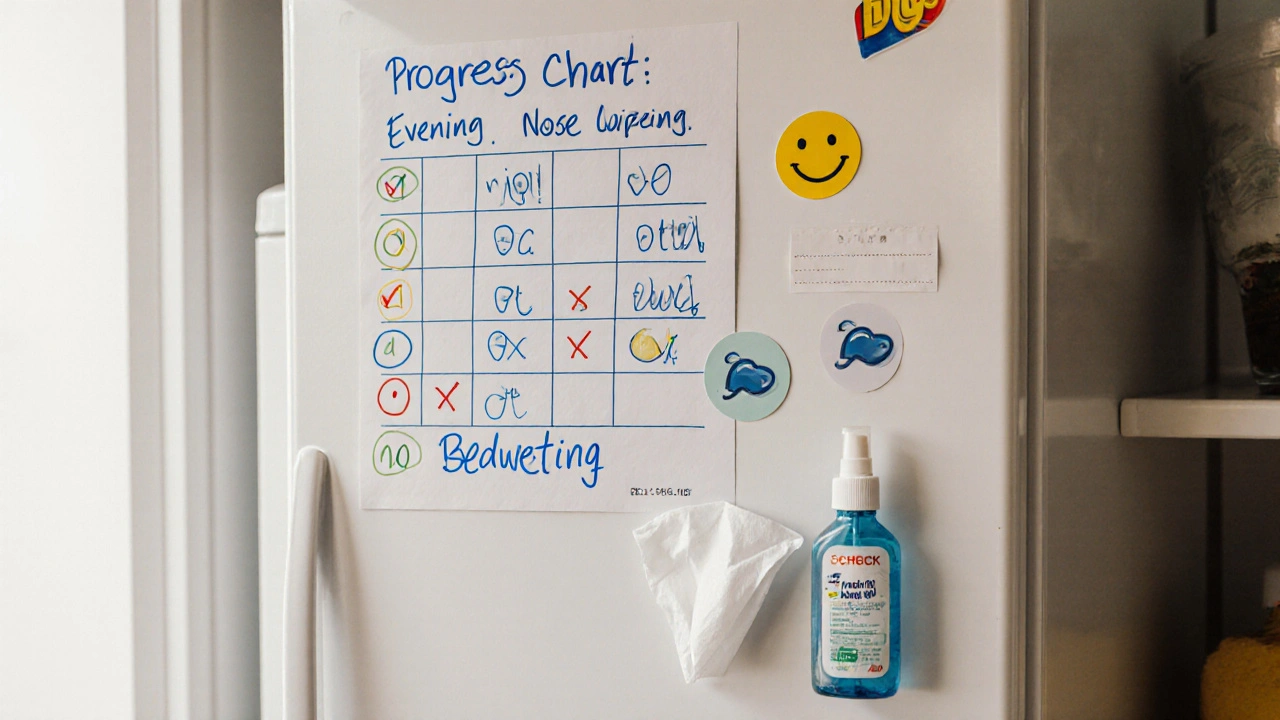 Týdenní tabulka pokroku na lednici s kontrolou nosu a nočního pomočování.