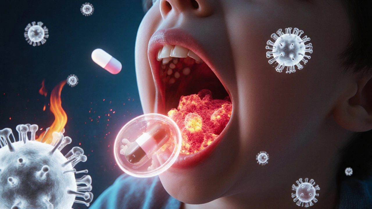 Abstraktní znázornění bakterií a imunitních buněk v krku dítěte během léčby antibiotikem.