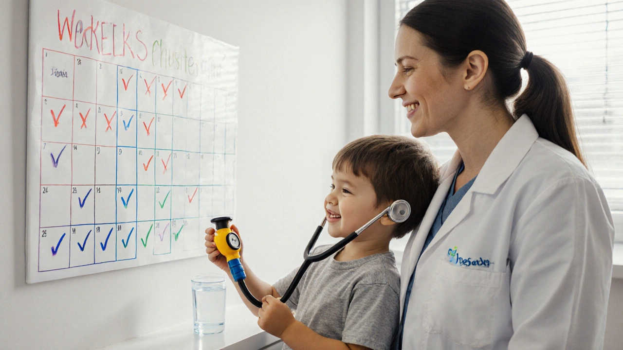 Dětský urolog a dítě sledují pokrok v léčbě hyperaktivního močového měchýře