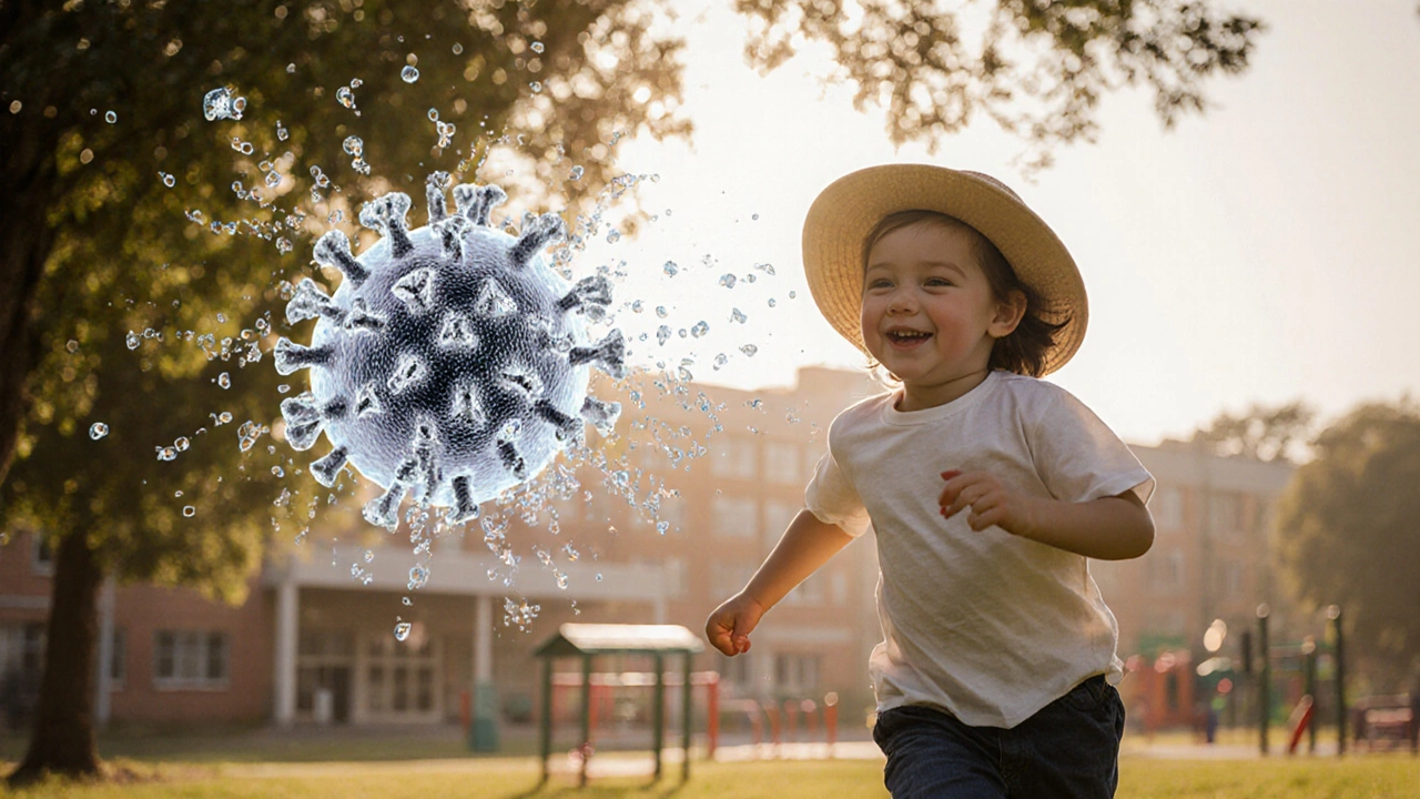 Dítě běží venku s čepicí, červená plet na tvářích se postupně vytrácí.