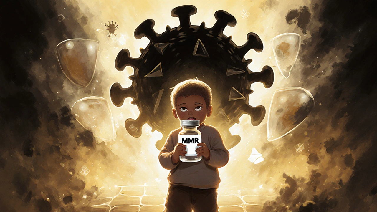 Dítě drží vakcínu MMR, zatímco virus se skrývá za ochranným štítem imunity.