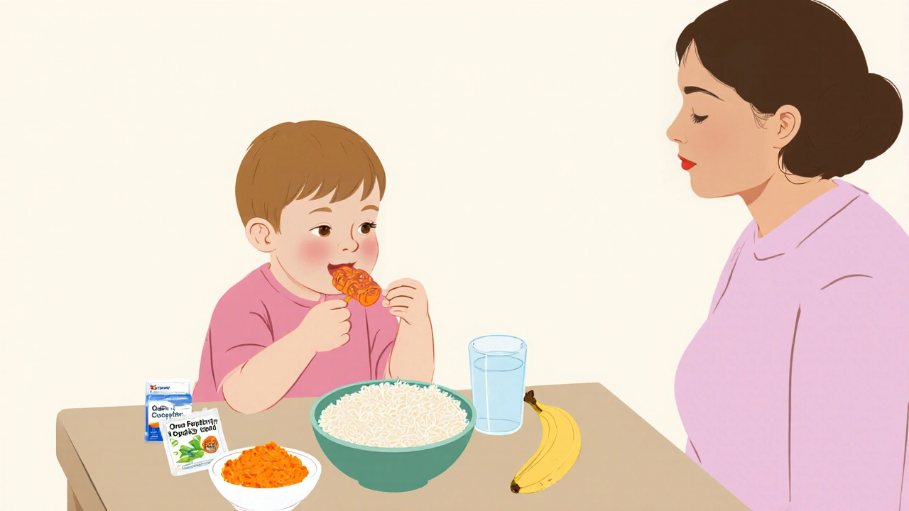 Dítě jí jednoduchá jídla: rýži, mletou mrkev a banán s vodou.