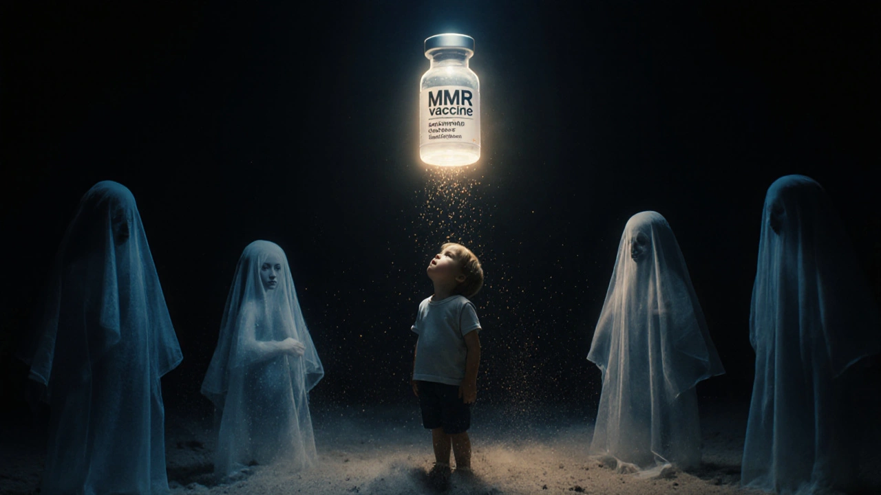 Dítě osvětlené vakcínou MMR, zatímco dřívější infekce mizí jako stíny.