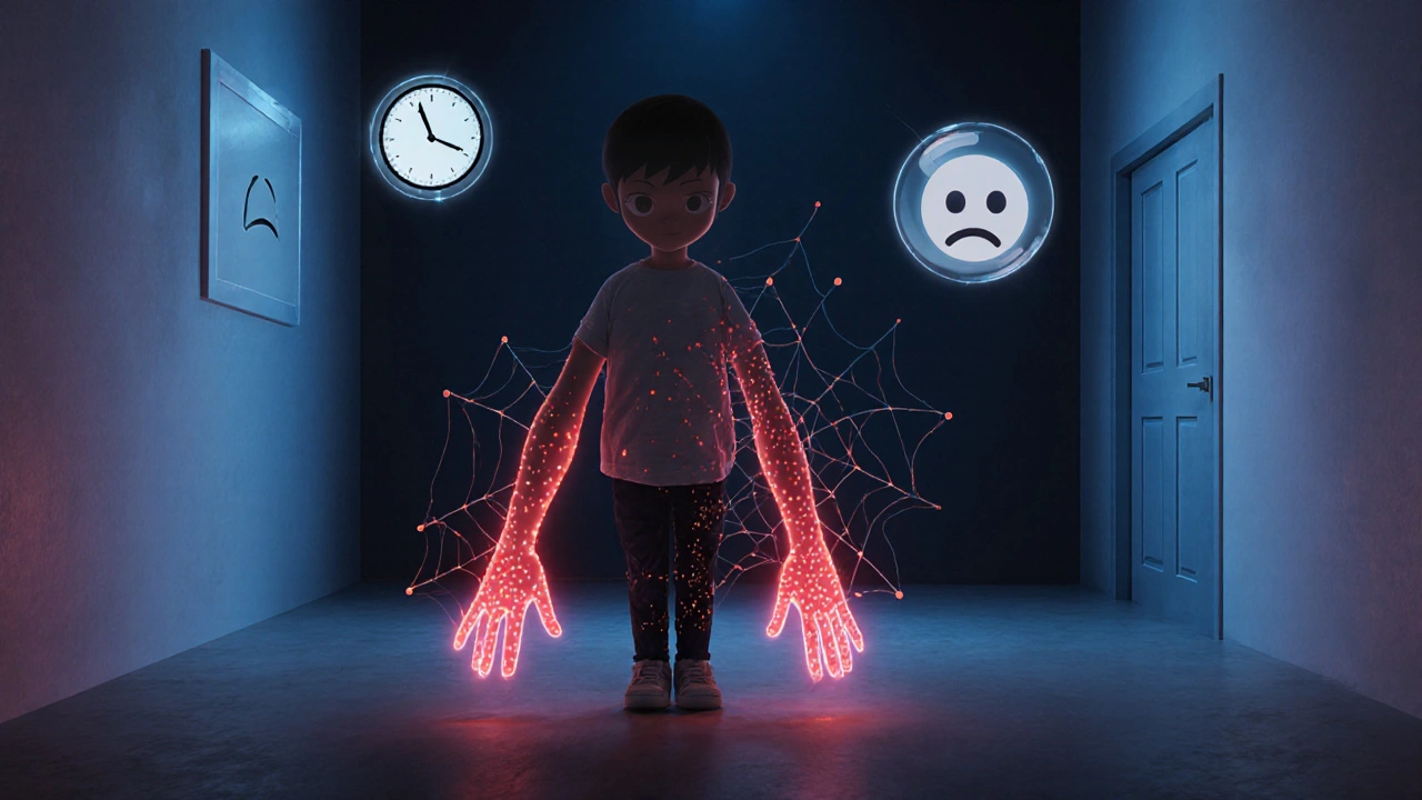 Dítě s červenými skvrnami na kůži, kolem něj plavou symboly stresu jako hodiny a zavřené dveře.