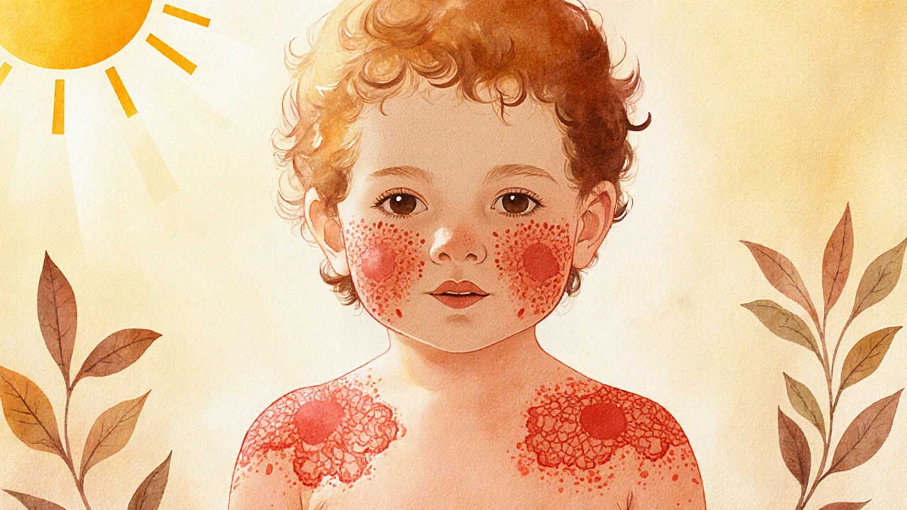 Dítě s jasně červenými tvářemi a jemnou vyrážkou na těle, symbolizující pátou nemoc.