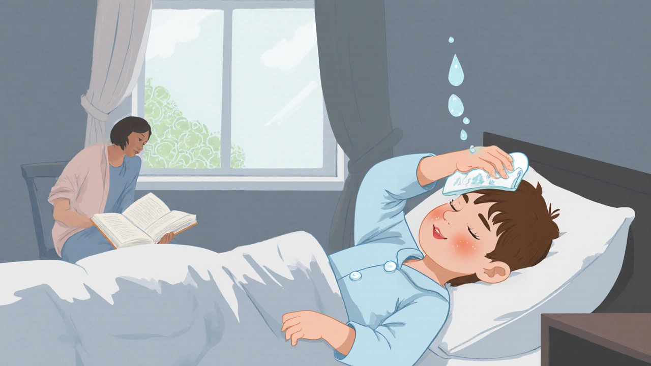 Dítě s mírnou teplotou leží v posteli, rodič ho sleduje, okno je otevřené pro čerstvý vzduch.