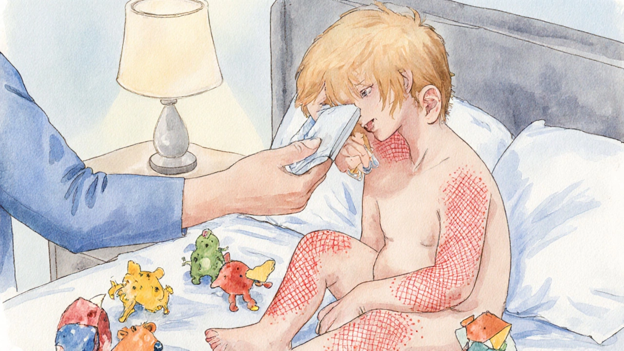 Dítě s síťovitou vyrážkou na pažích a nohou, rodič mu klade chladnou látku na čelo.