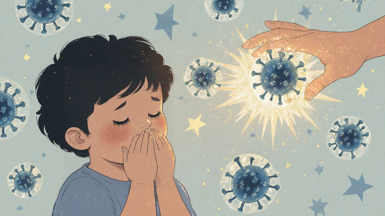 Dítě s viry v okolí, imunitní buňka bojuje proti infekci.