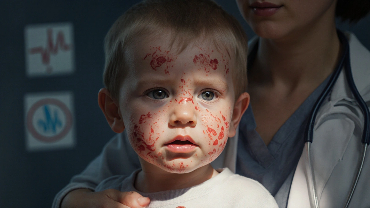 Dítě s vysokou horečkou a šířící se červenou vyrážkou, bílé skvrnky v ústech.