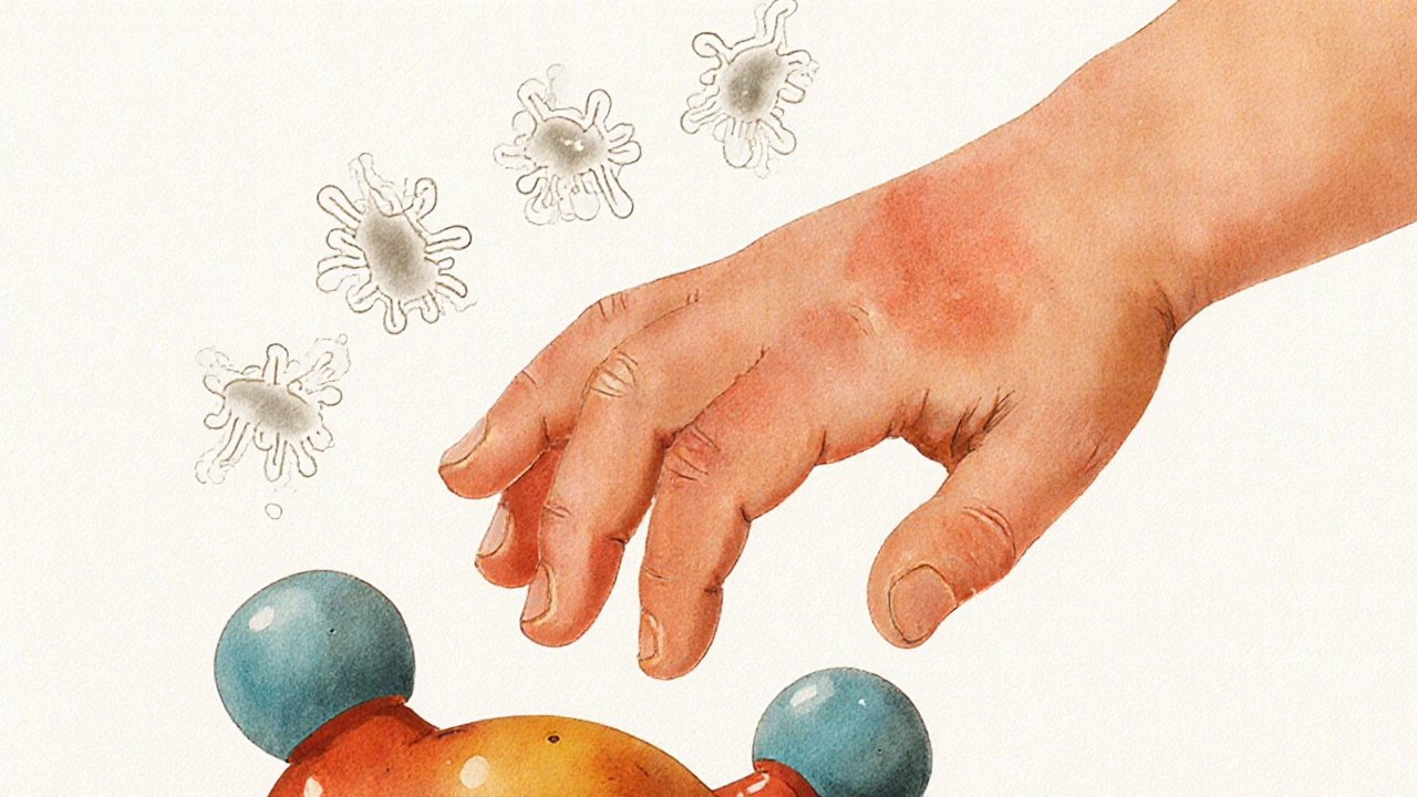 Dítě se dotýká hračky, symbolizující šíření impetiga kontaktem.