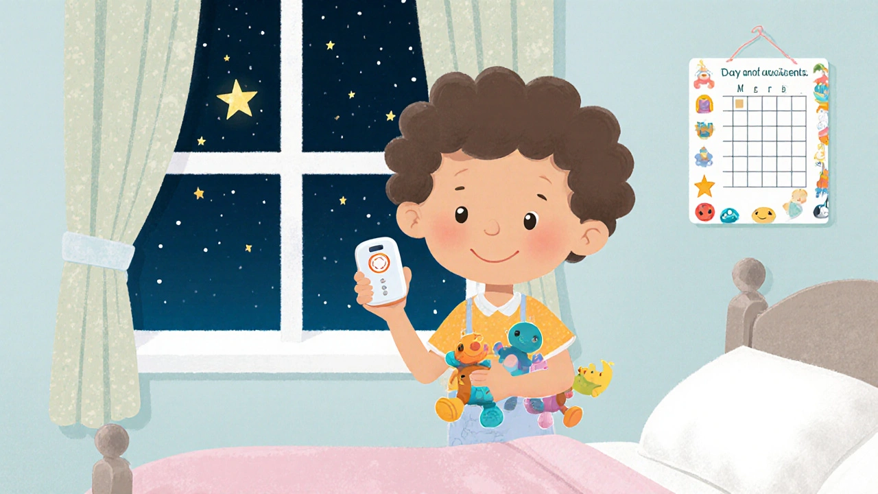 Dítě se směje vedle močového alarmu s plánem pokroku na zdi, hvězdy na okně.