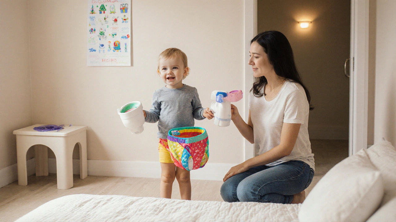 Dítě si vybírá mezi trenýrkami a noční toaletou s podporou rodiče.