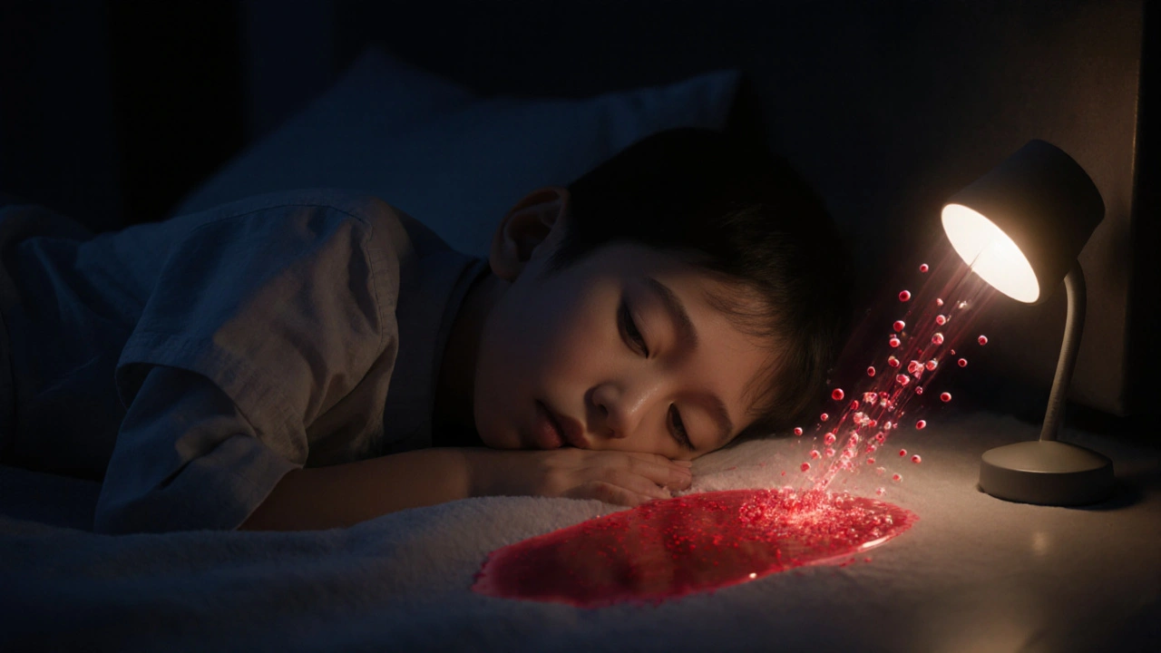 Dítě spí v noci, z jeho močového měchýře se pomalu šíří červené stopy moči.