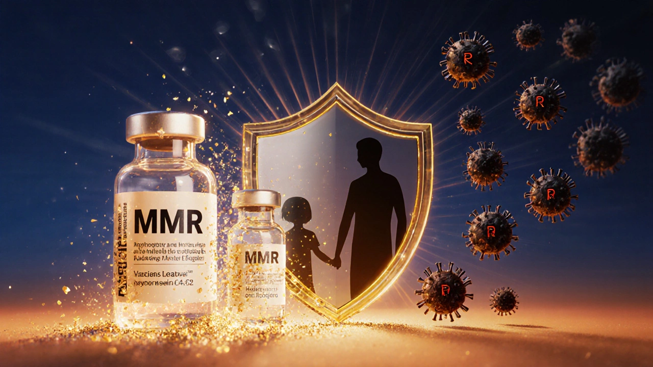 Dvě vakcíny MMR vyzařují zlaté světlo, které chrání rodinu před temnými viry.