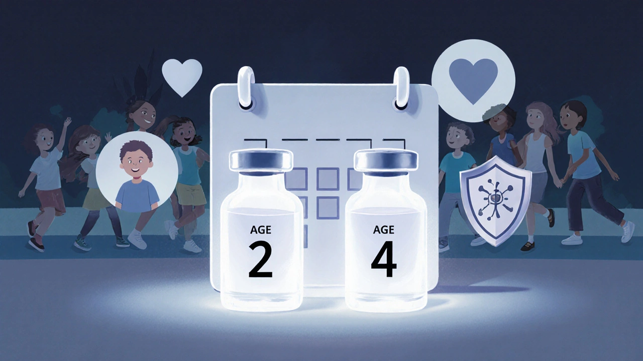 Dvě vakcíny vedle kalendáře s označenými daty očkování, symbolizující dlouhodobou ochranu dítěte.
