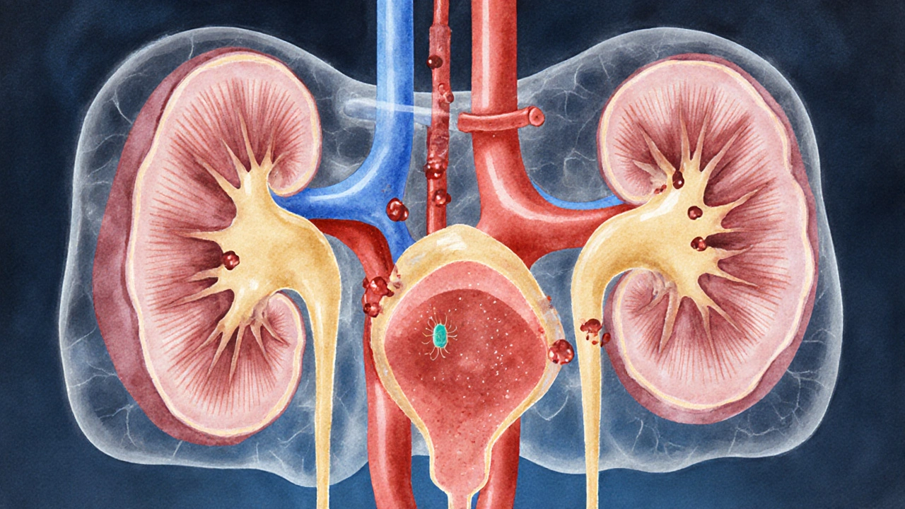 Ilustrace dětských ledvin a močových cest s červenými krvinkami proudícími nepravidelně.