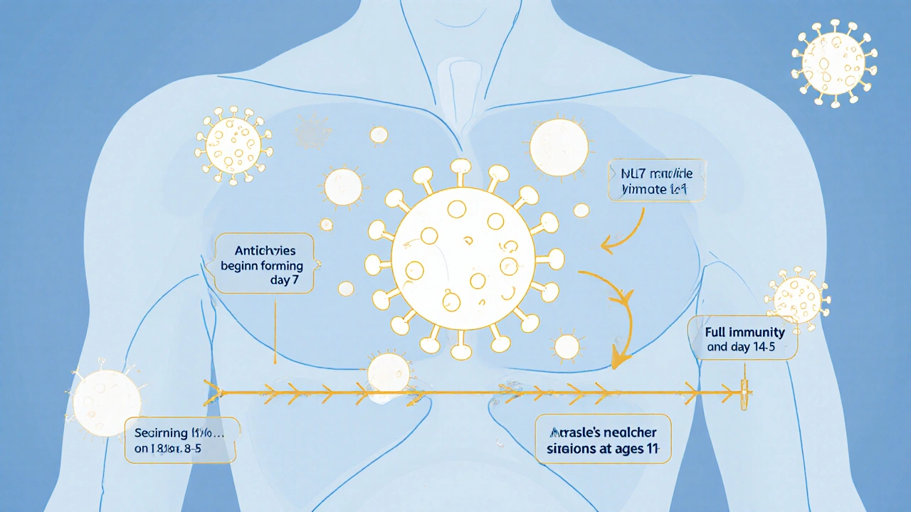 Ilustrace těla s bílými krvinkami bojujícími s oslabeným virusem zarděnek, s časovou osou vývoje imunity.