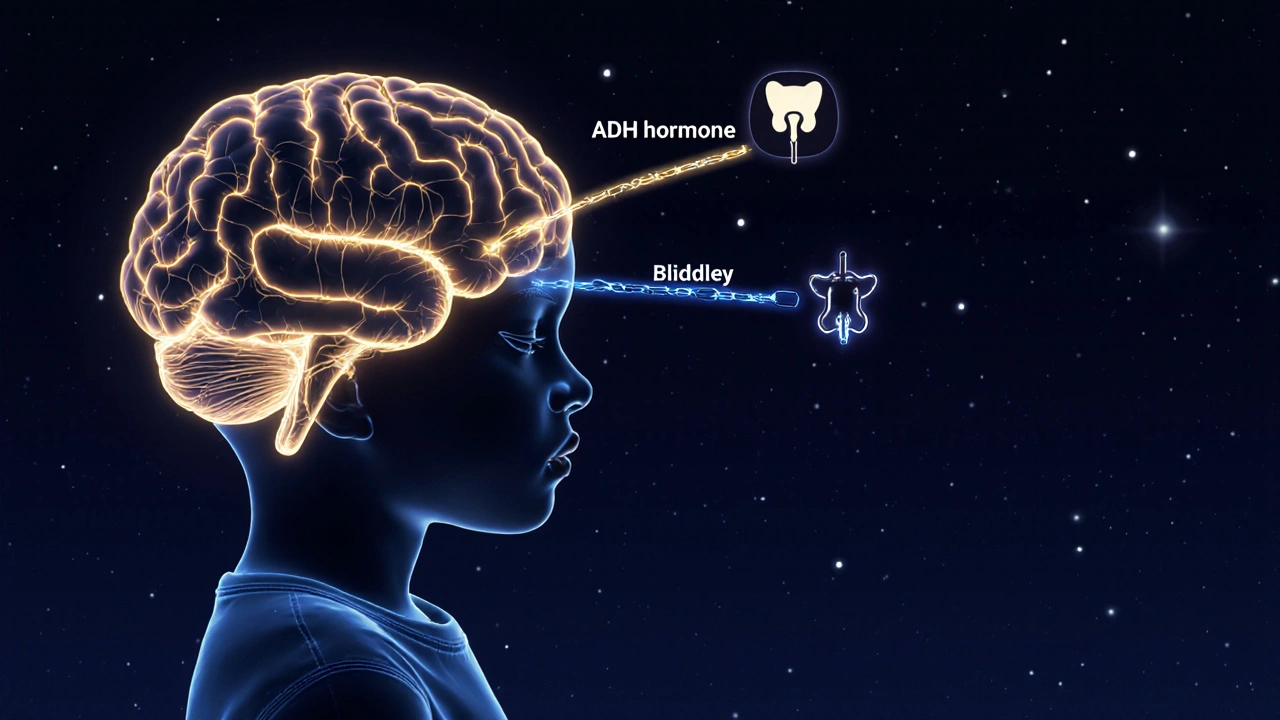 Konceptuální obrázek dětského mozku během spánku s osvětlenými nervovými cestami a močovým mechánem.