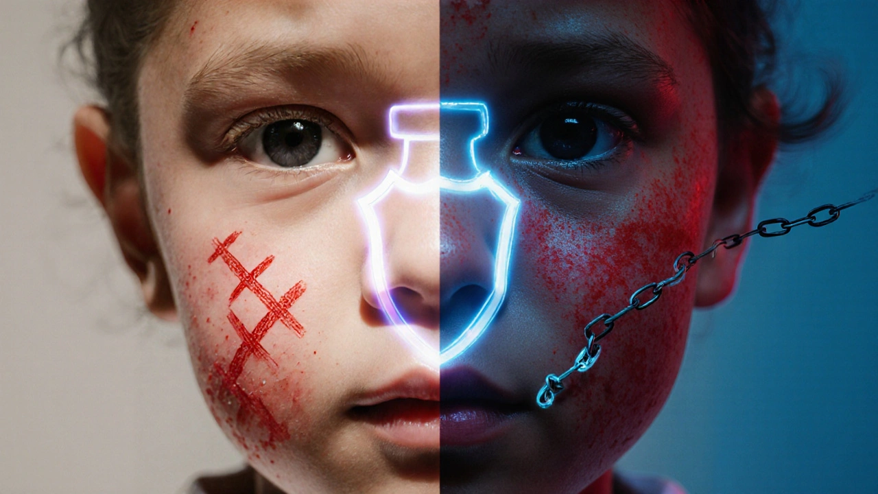 Konceptuální obrázek rozdílu mezi spálou a spalničkami na obličeji dítěte.