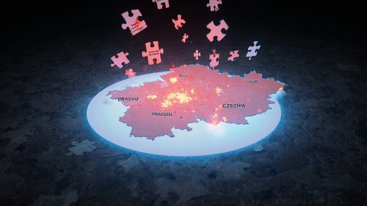 Mapa Česka s červenými ohnisky a kruhem imunity 95 % obyvatel.