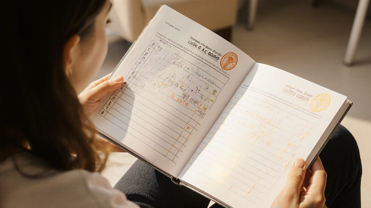 Matka drží očkovací knížku s dvěma zaznamenanými dávkami očkování proti zarděnkám, slunce osvětluje stránky.