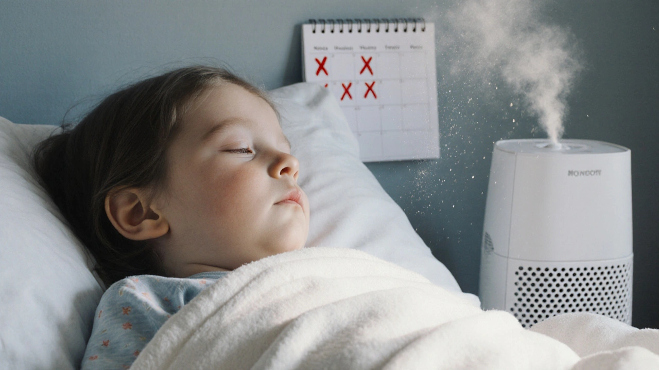 Nemocné dítě klidně spí v chladném pokoji s vlhčičem.