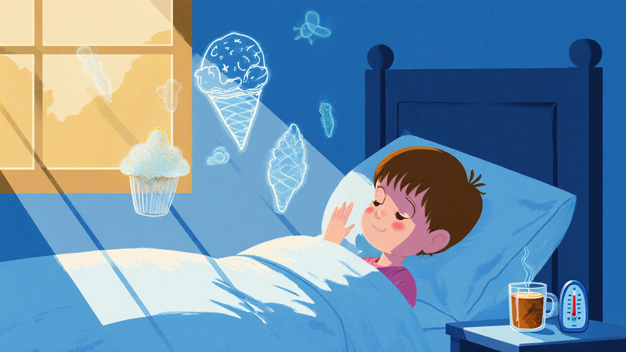 Nemocné dítě v posteli s teplým nápojem a zmrzlinou, s viditelnými příznaky horečky.