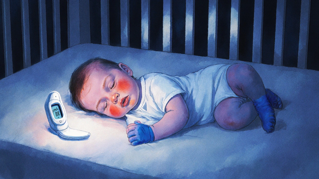 Novorozenc spí neobvykle hluboko, s červenými tvářemi a chladnými rukama v kojeneckém lůžku.