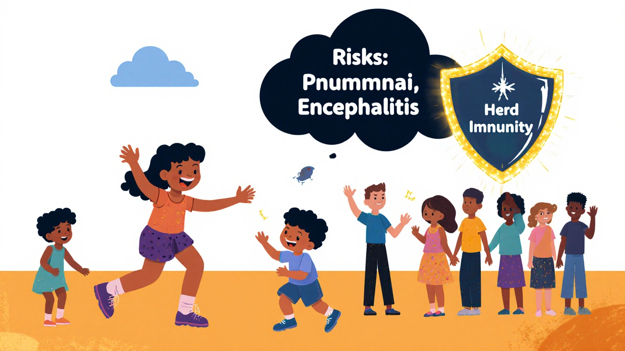 Očkované dítě hraje v parku, zatímco neovčkované dítě je izolováno pod temnou mrakem.